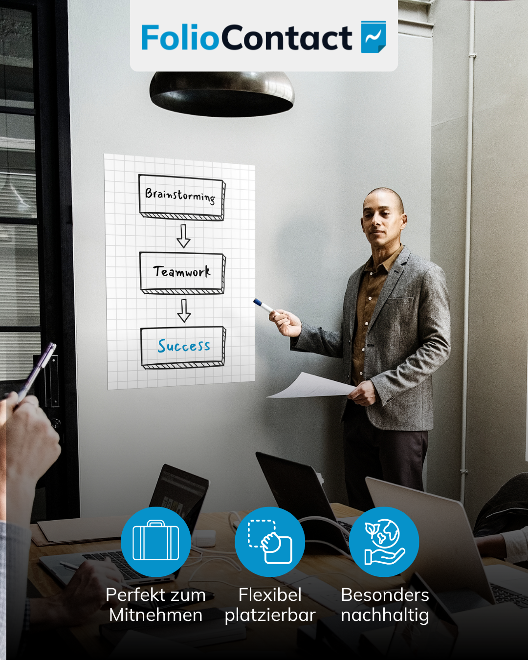 Mann präsentiert im Büro an der Flipchart-Folie – flexibel platzierbar und nachhaltig