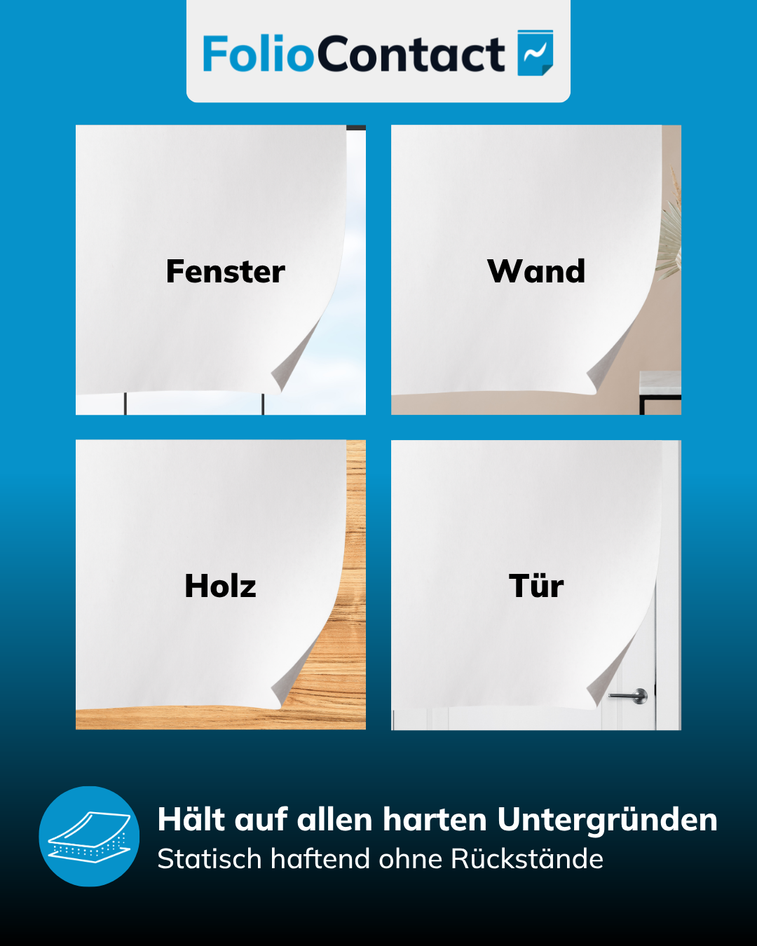 Whiteboard-Folie haftet statisch auf Fenster, Wand, Holz und Tür – ohne Rückstände