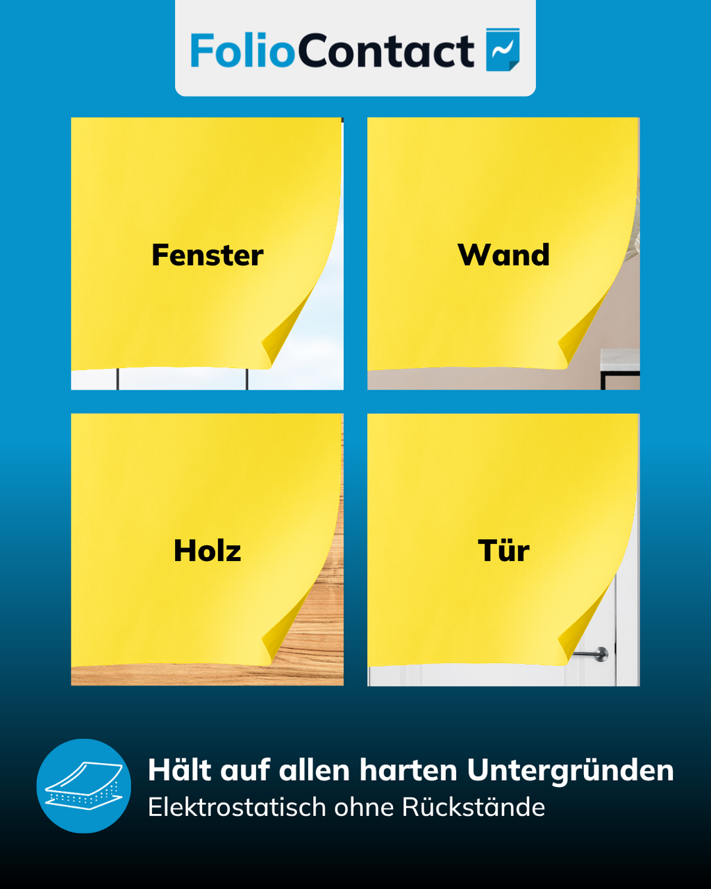 Yellowboard-Folie haftet statisch auf Fenster, Wand, Holz und Tür – ohne Rückstände