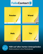 Yellowboard-Folie haftet statisch auf Fenster, Wand, Holz und Tür – ohne Rückstände