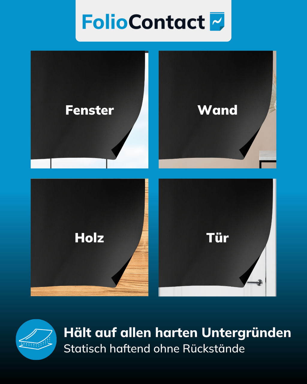 Blackboard-Folie haftet statisch auf Fenster, Wand, Holz und Tür – ohne Rückstände