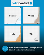 Flipchart-Folie haftet statisch auf Fenster, Wand, Holz und Tür – ohne Rückstände