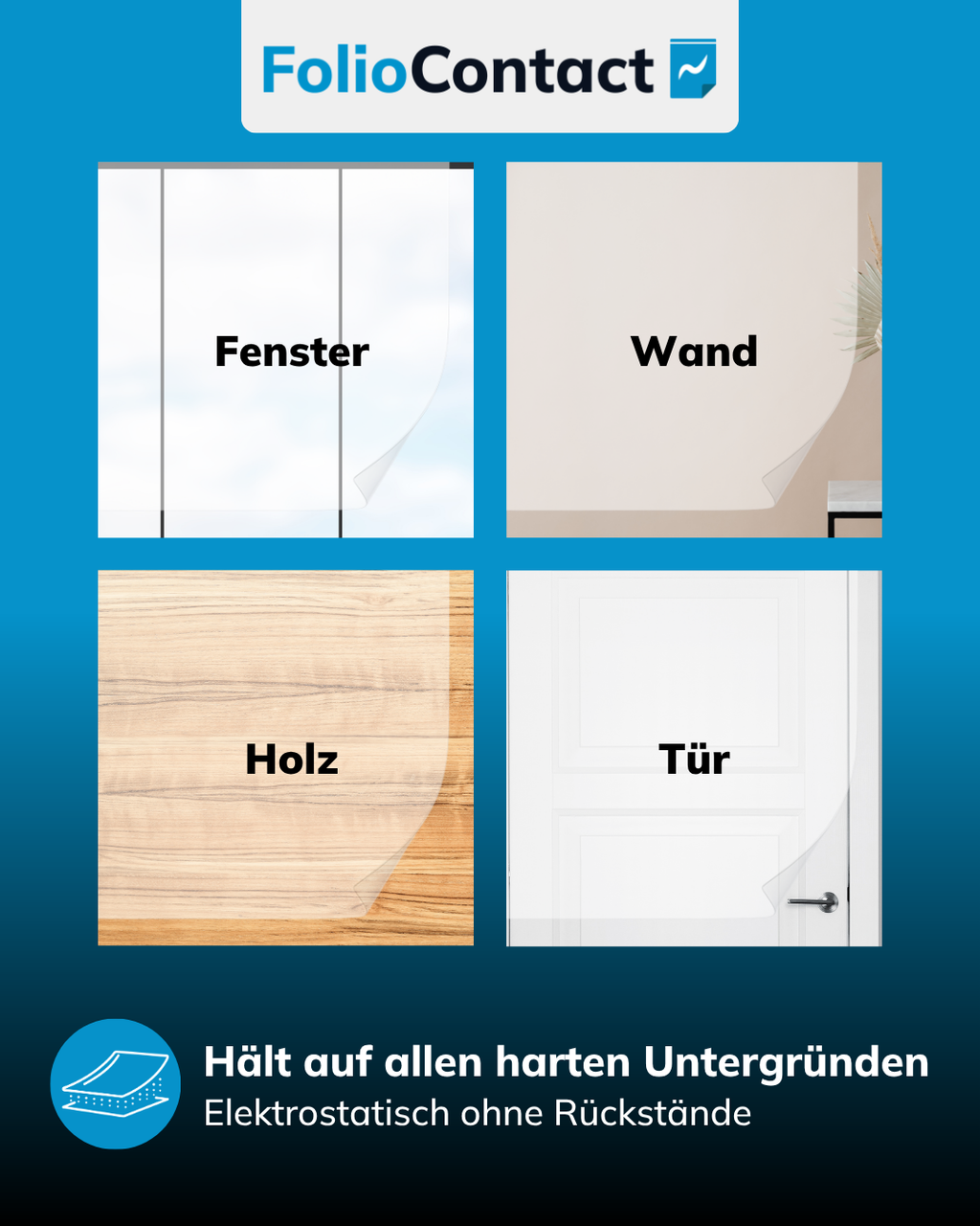 Clearboard-Folie haftet statisch auf Fenster, Wand, Holz und Tür – ohne Rückstände