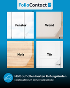 Clearboard-Folie haftet statisch auf Fenster, Wand, Holz und Tür – ohne Rückstände