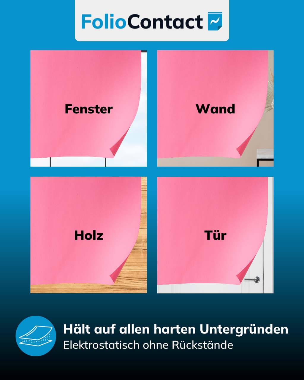 Pinkboard-Folie haftet statisch auf Fenster, Wand, Holz und Tür – ohne Rückstände