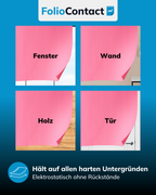 Pinkboard-Folie haftet statisch auf Fenster, Wand, Holz und Tür – ohne Rückstände