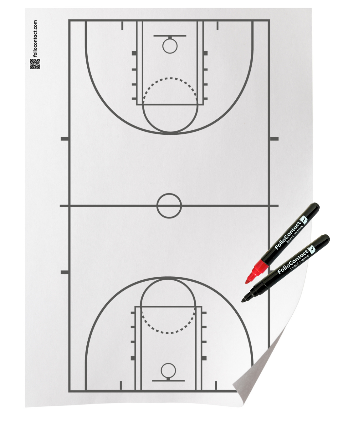 FolioContact Basketball-Taktiktafel als Folie mit aufgedrucktem Spielfeld, mit schwarzem und rotem Marker