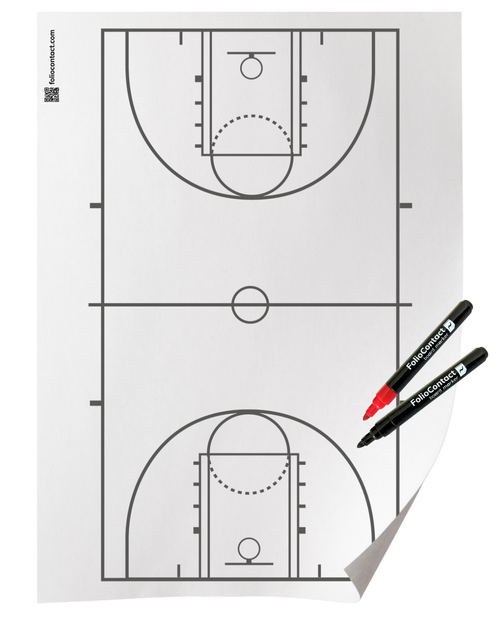 FolioContact Basketball-Taktiktafel als Folie mit aufgedrucktem Spielfeld, mit schwarzem und rotem Marker