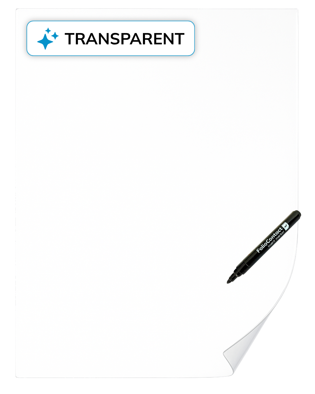 Transparente FolioContact Clearboard-Folie mit Badge „Transparent“, mit schwarzem Boardmarker