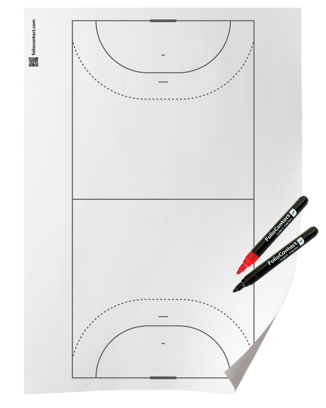 FolioContact Handball-Taktiktafel als Folie mit aufgedrucktem Spielfeld, mit schwarzem und rotem Marker