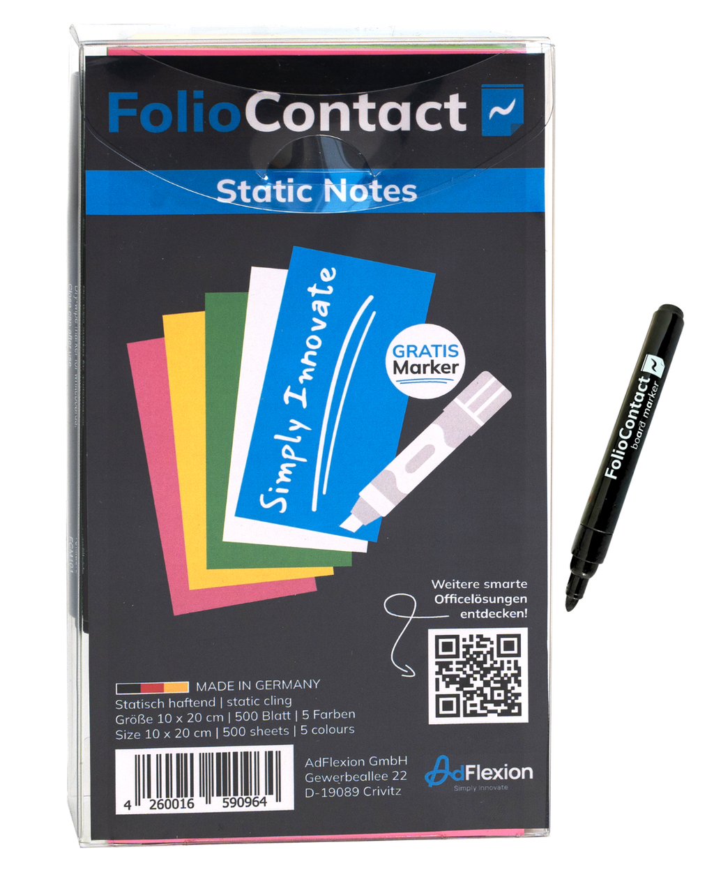 FolioContact Static Notes Verpackung mit bunten Haftnotizen in 5 Farben, gratis Marker, Made in Germany, 10 x 20 cm, 500 Blatt