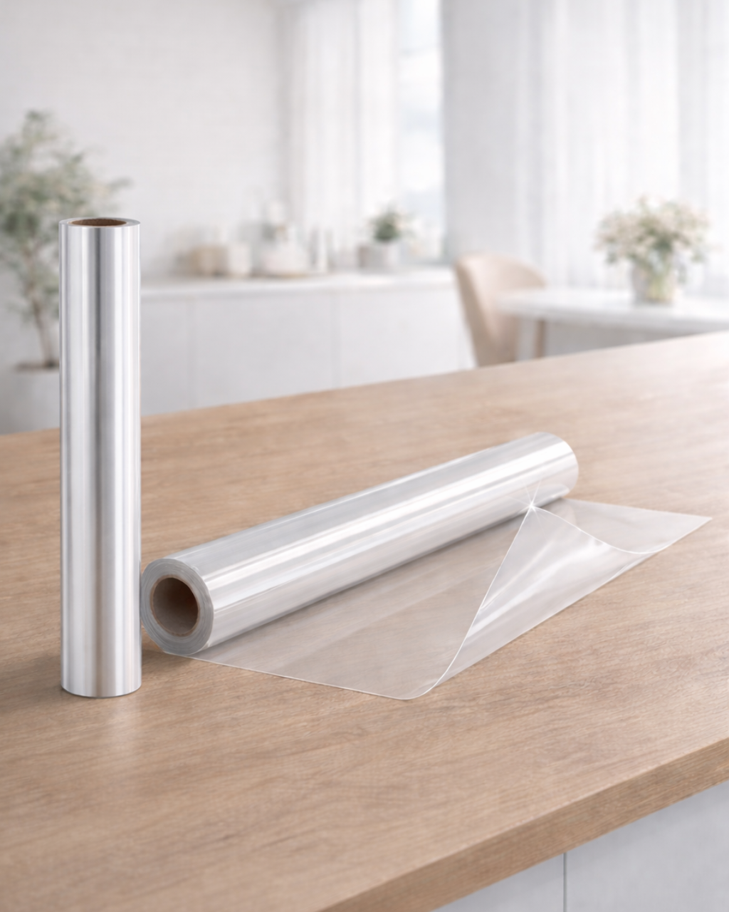 Transparente FolioContact Wandschutzfolie als Rolle auf einem Holztisch in heller Küche
