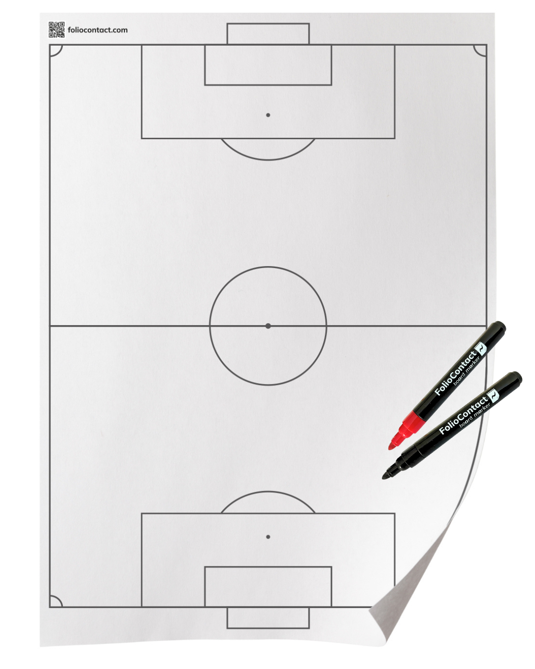 FolioContact Fußball-Taktiktafel als Folie mit aufgedrucktem Spielfeld, mit schwarzem und rotem Marker
